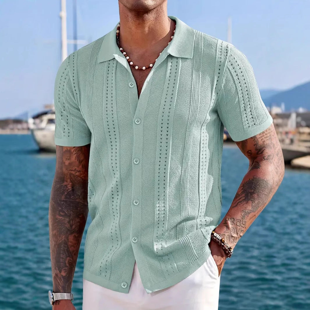 Knitted Cardigan Solid Colors Breathable Men's Short-sleeved Shirt