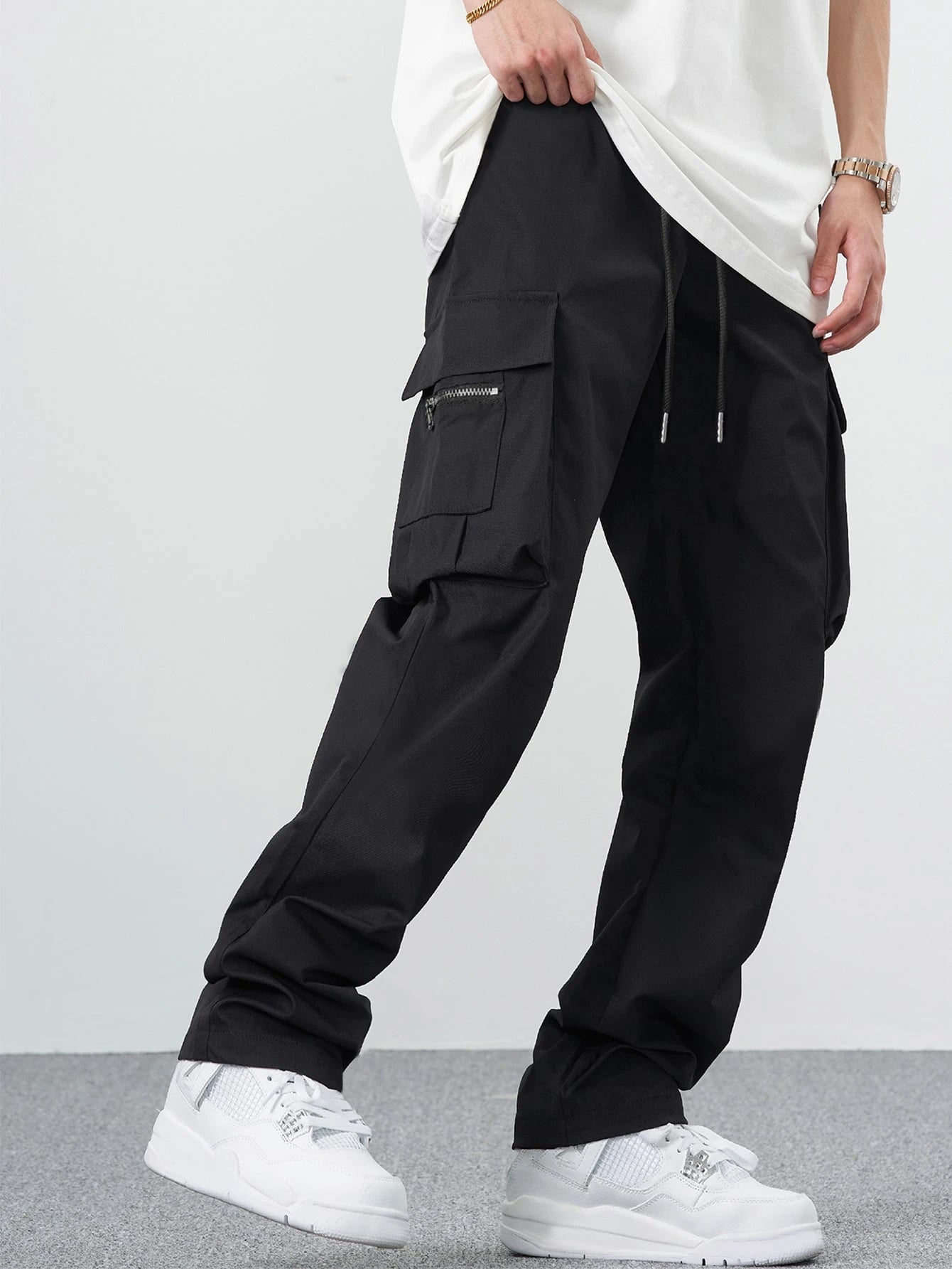 Manfinity EMRG Loose Men'S Cargo Pants with Drawstring Waist Baggy Long Plain Black Going Out, Back to School