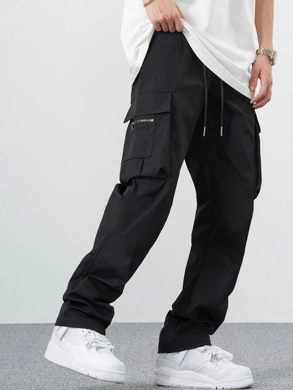 Manfinity EMRG Loose Men'S Cargo Pants with Drawstring Waist Baggy Long Plain Black Going Out, Back to School