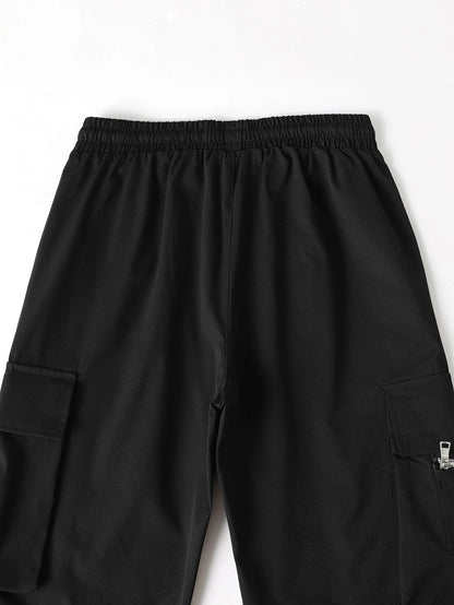 Manfinity EMRG Loose Men'S Cargo Pants with Drawstring Waist Baggy Long Plain Black Going Out, Back to School