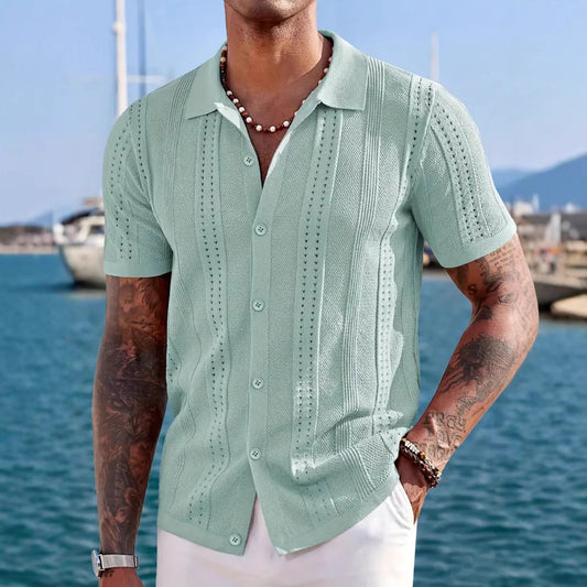 Knitted Cardigan Solid Colors Breathable Men's Short-sleeved Shirt