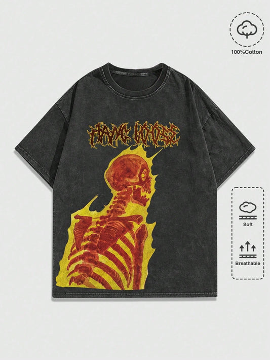 ROMWE MEN Street Life Men'S Flame Skull Print Vintage Washed Distressed T-Shirt, Summer
