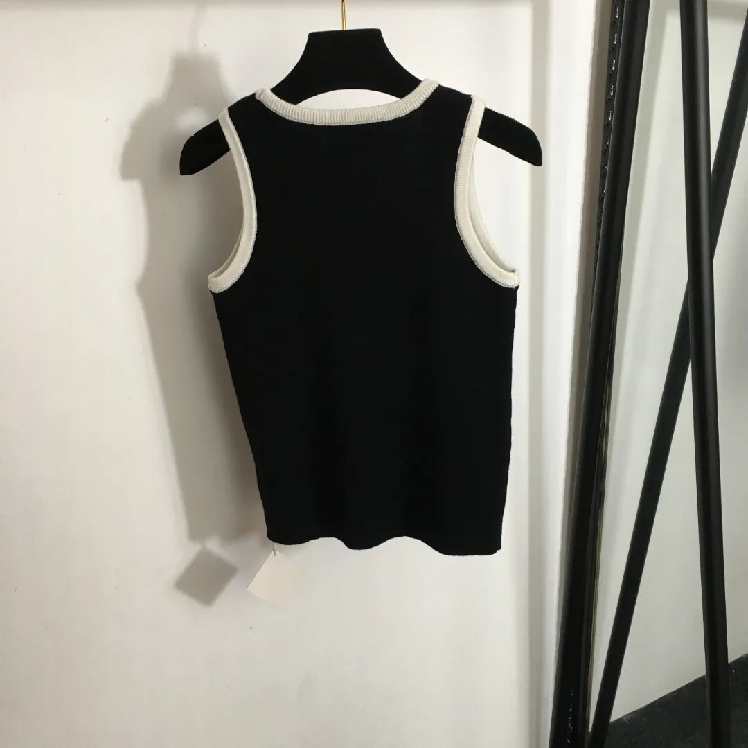 3018 L 2024 Milan Runway Autumn Sweater Sleeveless Crew Neck Pullover Black White Green Womens 20241447
