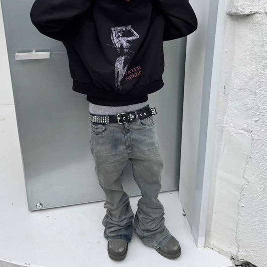 Crumpled Cat Beard Stacked Horn Mopping Jeans