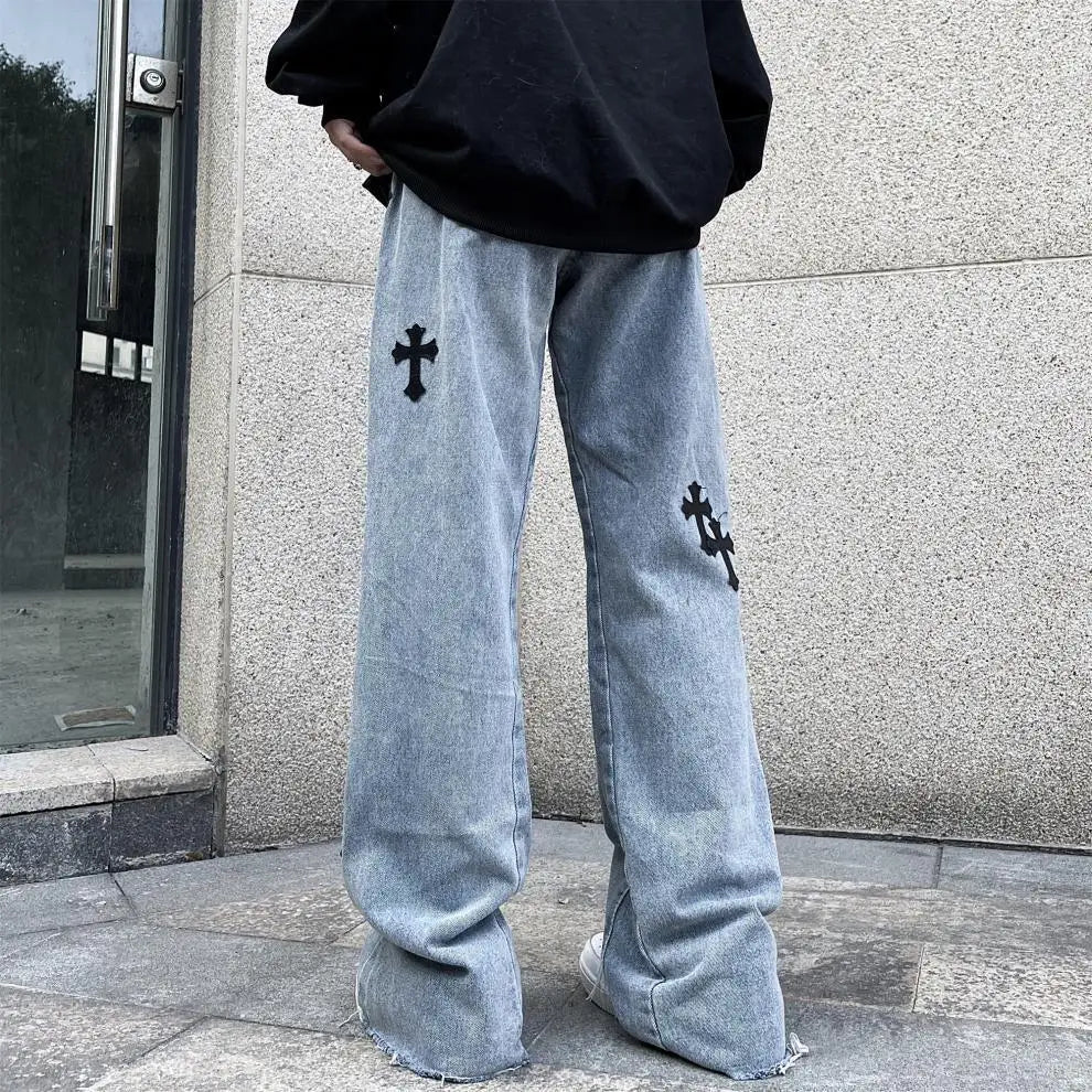 Street Fashion Cross Embroidered Jeans