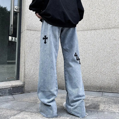 Street Fashion Cross Embroidered Jeans