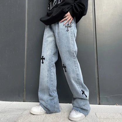 Street Fashion Cross Embroidered Jeans