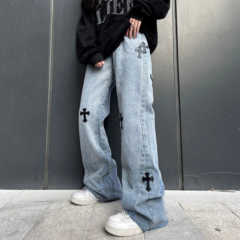 Street Fashion Cross Embroidered Jeans