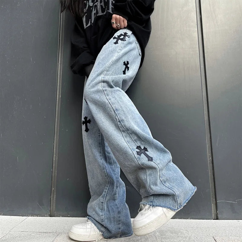 Street Fashion Cross Embroidered Jeans