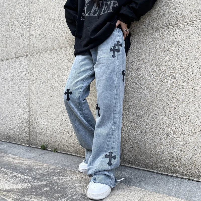 Street Fashion Cross Embroidered Jeans