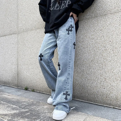 Street Fashion Cross Embroidered Jeans