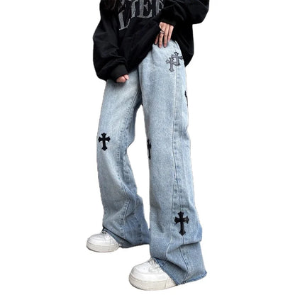 Street Fashion Cross Embroidered Jeans