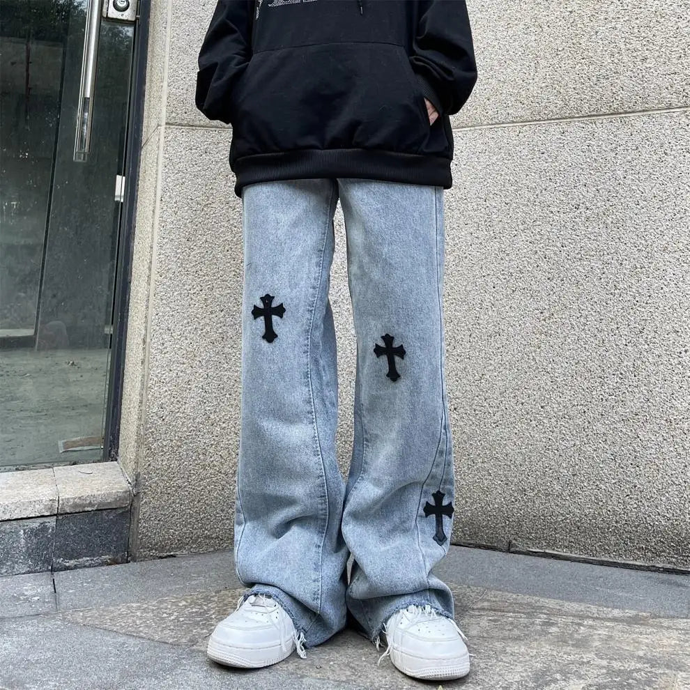 Street Fashion Cross Embroidered Jeans