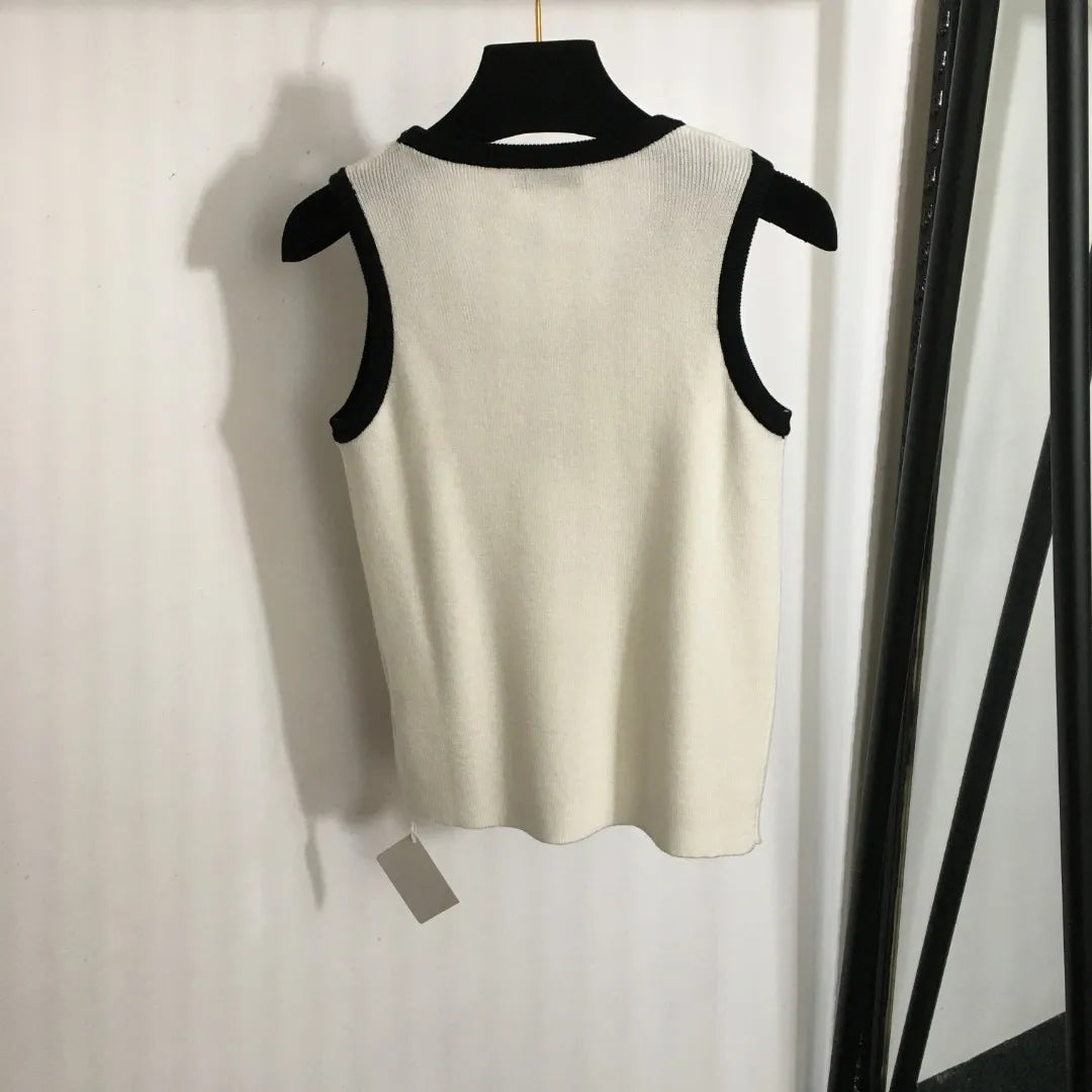 3018 L 2024 Milan Runway Autumn Sweater Sleeveless Crew Neck Pullover Black White Green Womens 20241447