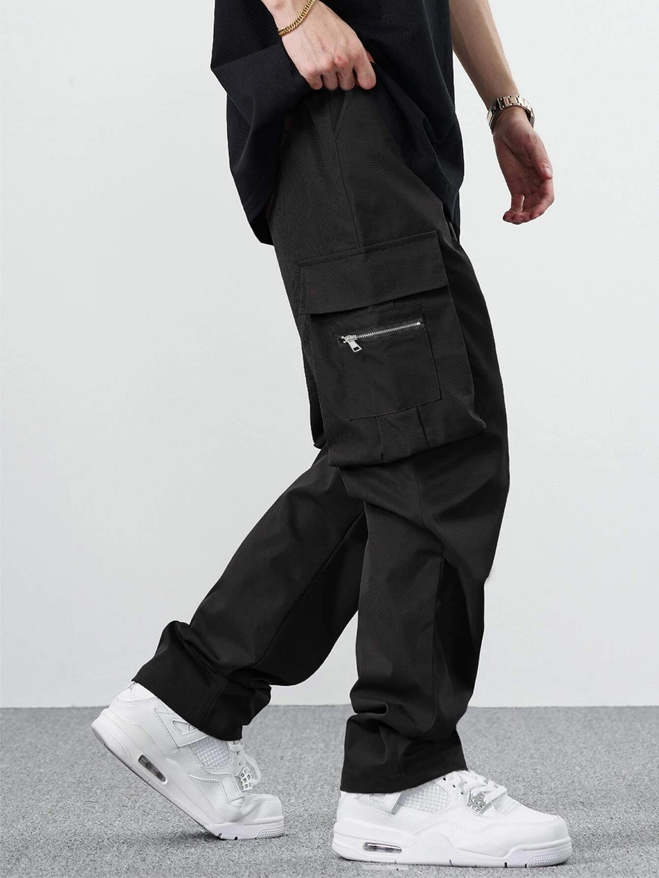 Manfinity EMRG Loose Men'S Cargo Pants with Drawstring Waist Baggy Long Plain Black Going Out, Back to School