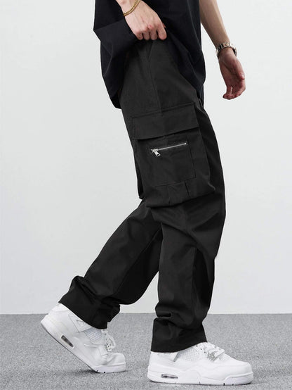 Manfinity EMRG Loose Men'S Cargo Pants with Drawstring Waist Baggy Long Plain Black Going Out, Back to School